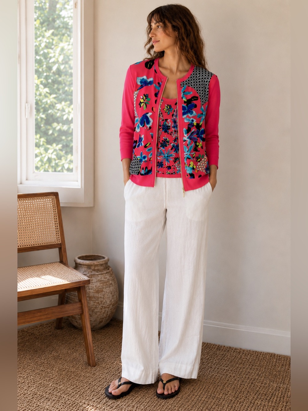 Carlisle Bright Pink Knit Top with Floral Trim